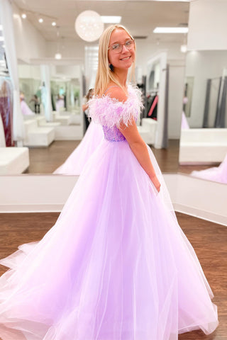 Lilac A-line Off-the-Shoulder Feathers Beaded Straps Tulle Long Prom Dress