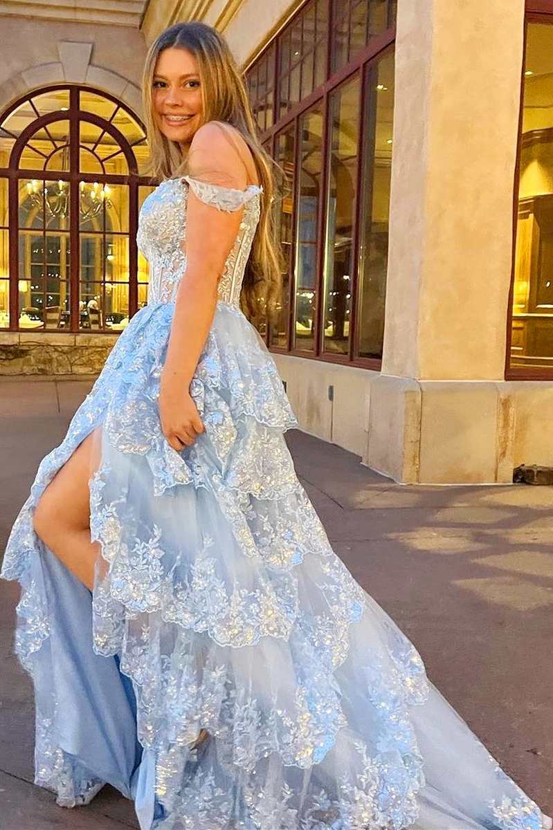 Blue Off-the-Shoulder Pink Lace Tiered Long Prom Dress with Slit