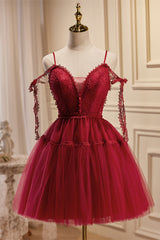 Wine Red Lace Straps Lace-Up Back A-Line Short Party Dress