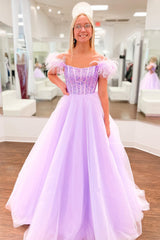 Lilac A-line Off-the-Shoulder Feathers Beaded Straps Tulle Long Prom Dress