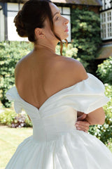 White Puff Off-the-Shoulder V Neck Sweeping Long Wedding Dress