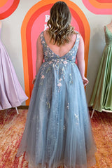 Light Blue Deep V Neck Beaded Applique Sleeveless Long Prom Dress