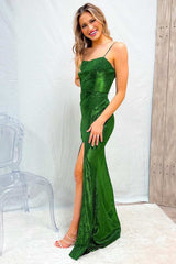 Green Scoop Neck Mermaid Sequins Long Prom Dress with Slit