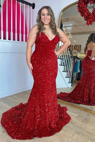 Red Mermaid V Neck Lace-Up Back Sequins Long Prom Dress