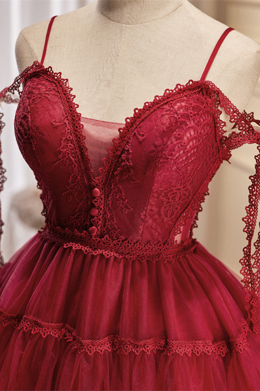 Wine Red Lace Straps Lace-Up Back A-Line Short Party Dress