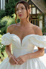 White Puff Off-the-Shoulder V Neck Sweeping Long Wedding Dress