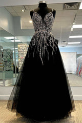 Black Rhinestone V-Neck A-Line Long Prom Gown