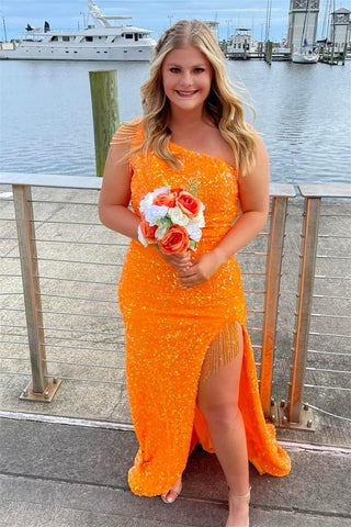 Yellow Sequin Tassel One-Shoulder Long Prom Dress with Slit