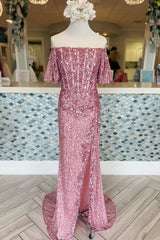 Pink Mermaid Off-the-Shoulder Sleeves Sequins Long Prom Gown with Slit