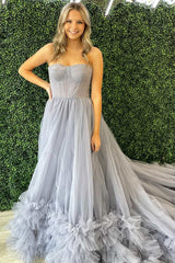 Grey Strapless A-Line Long Prom Dress with Ruffles