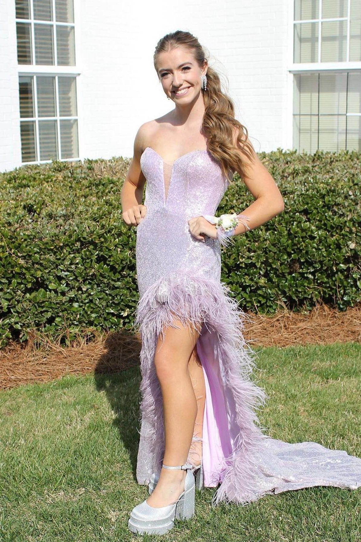 Light Blue Sequin Feather Strapless Long Prom Dress with Slit