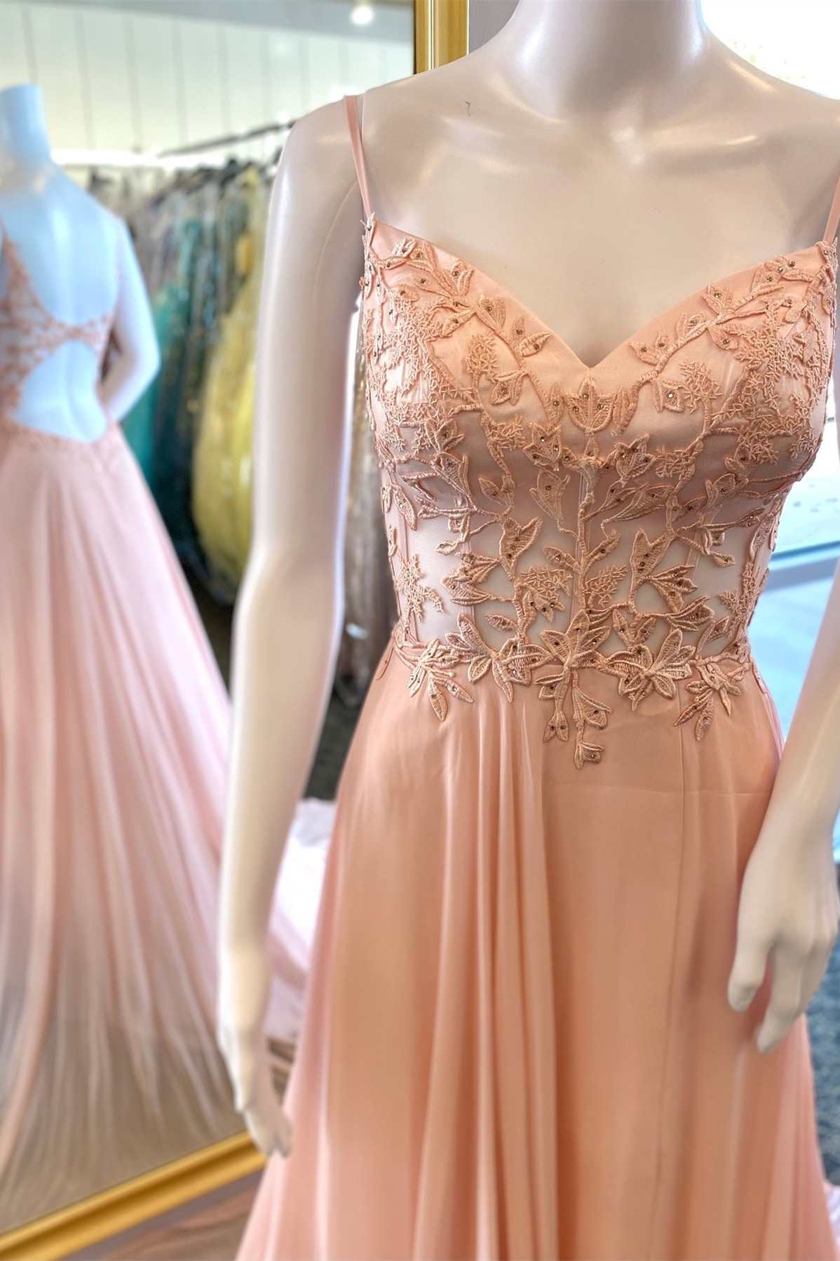 Peach Floral Lace Backless A-Line Prom Dress