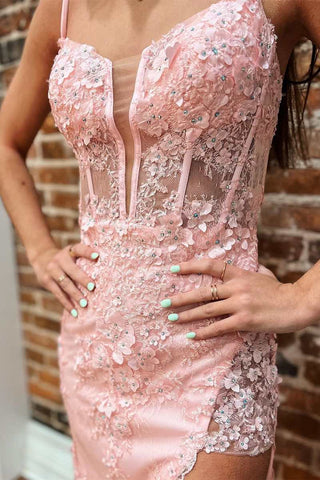 Pink 3D Floral Lace Split Neck Mermaid Long Prom Dress