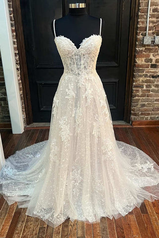 White Lace Sweetheart A-Line Long Wedding Dress