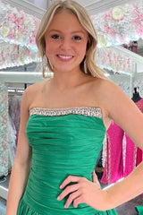 Green A-line Strapless Satin Pleated Beaded Long Prom Gown