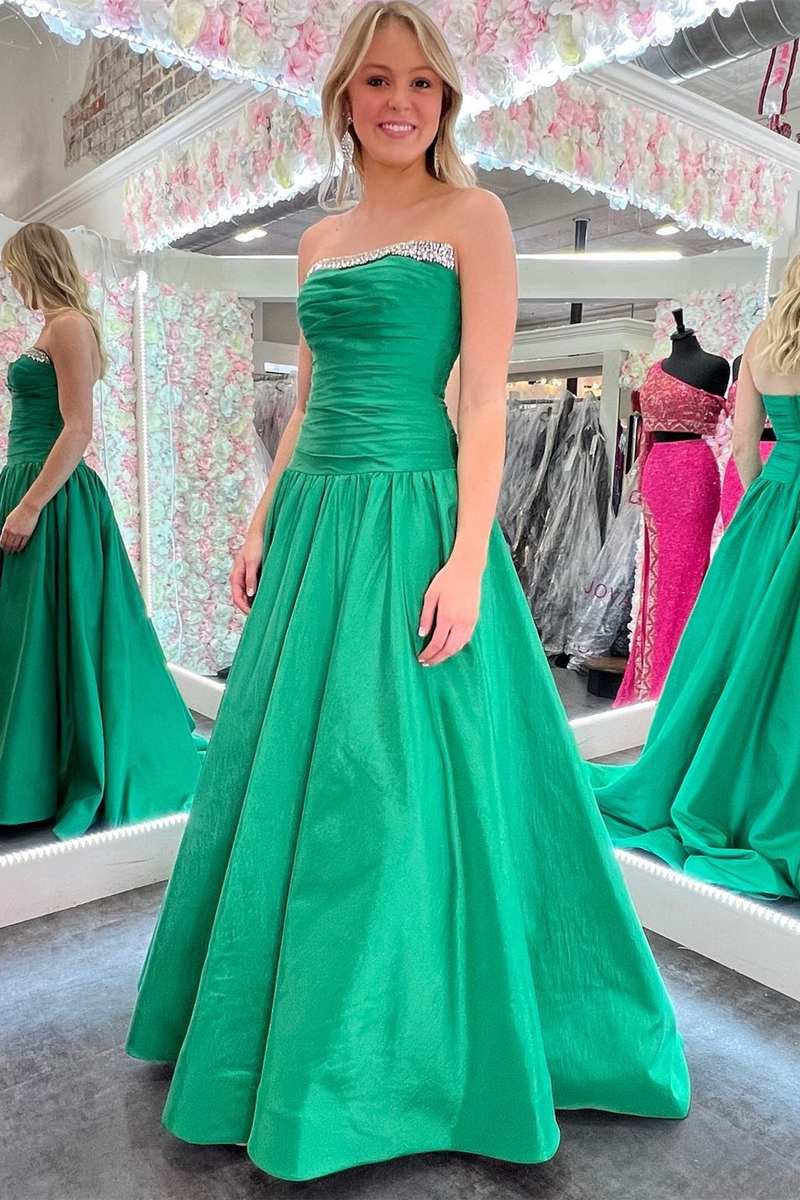 Green A-line Strapless Satin Pleated Beaded Long Prom Gown