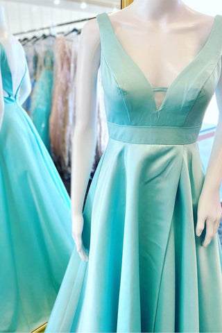 Aqua Blue V-Neck Open Back A-Line Long Prom Dress