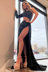 Sequins One-Sleeve Cutout Long Prom Dress with Slit