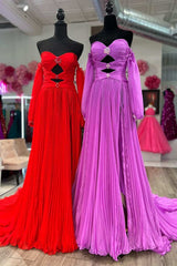 Red Strapless Cutout Slit Long Prom Dress with Sleeves