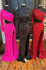 Sequins One-Sleeve Cutout Long Prom Dress with Slit