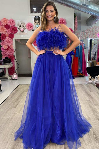 Royal Blue A-line Strapless Two-Piece Long Prom Gown with Feathers