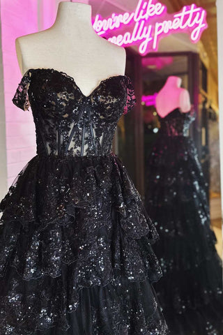 Black Off-the-Shoulder Pink Lace Tiered Long Prom Dress with Slit