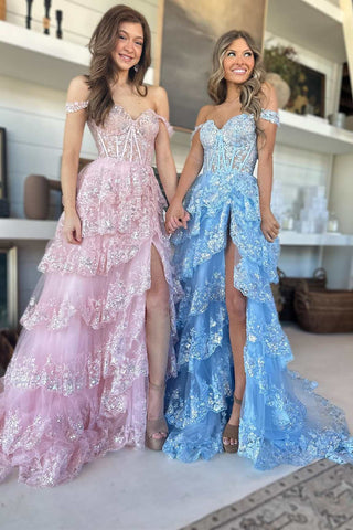 Pink/Blue Off-the-Shoulder Pink Lace Tiered Long Prom Dress with Slit