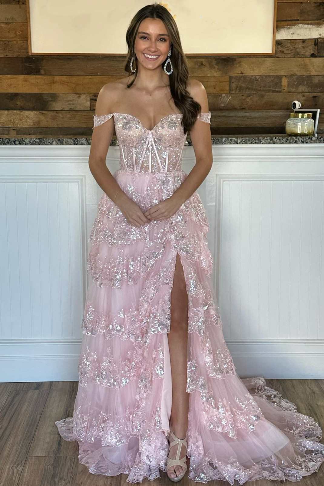 Pink Off-the-Shoulder Pink Lace Tiered Long Prom Dress with Slit