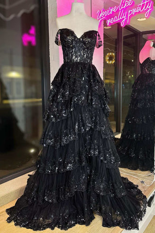 Black Off-the-Shoulder Pink Lace Tiered Long Prom Dress with Slit