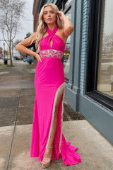 Cross-Front Beaded Fringe Long Prom Dress with Slit