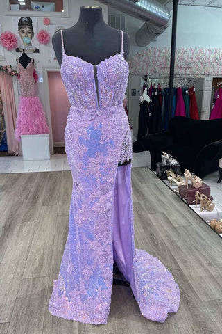 Sequins Lace Spaghetti Straps Long Prom Dress with Slit