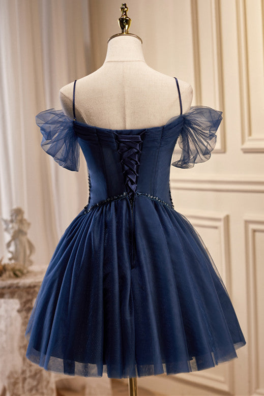 Navy Blue Tulle Cold-Shoulder Sweetheart A-Line Party Dress