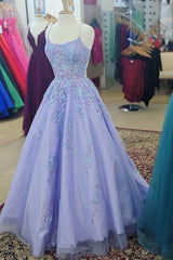 Lavender A-line Spaghetti Straps Applique Long Prom Gown