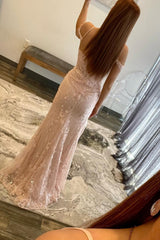 Blushing Pink Mermaid Off-the-Shoulder Applique Long Prom Dress with Slit