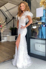 White Lace Feather Off-the-Shoulder Mermaid Long Dress with Slit