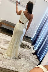 Ivory Mermaid One Shoulder Cut-Out Sequins Long Prom Gown with Slit