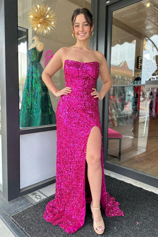 Fuchsia Strapless Sequins Long Prom Dress with Slit