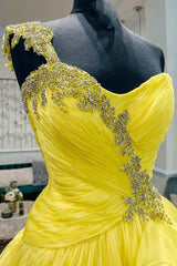 One-Shoulder Yellow Beaded Ruffles Long Prom Gown