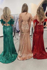 Cold-Shoulder Mermaid Sequins Lace-Up Back Long Prom Dress with Slit