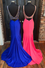 Royal Blue Empire Waist Open Back Mermaid Long Prom Dress