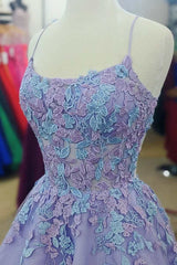 Lavender A-line Spaghetti Straps Applique Long Prom Gown