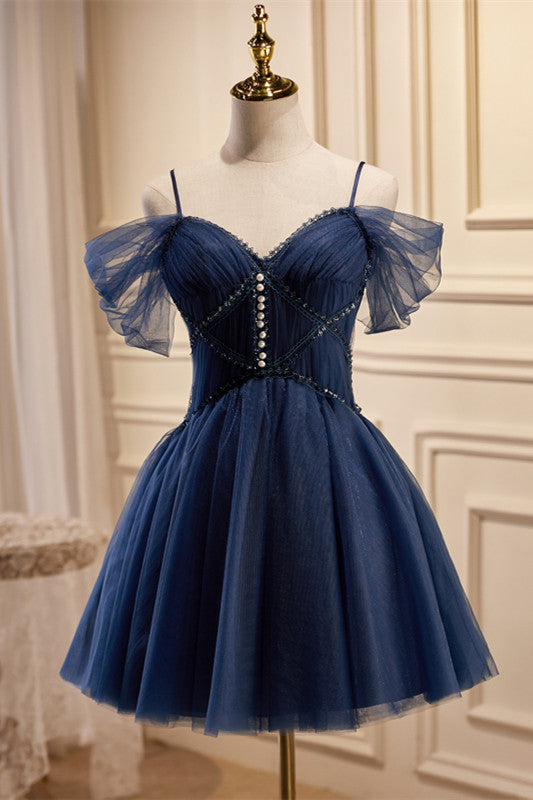 Navy Blue Tulle Cold-Shoulder Sweetheart A-Line Party Dress