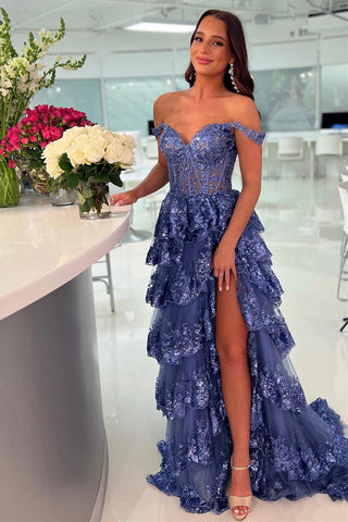 Sequins Sweetheart A-Line Tiered Long Prom Dress with Slit