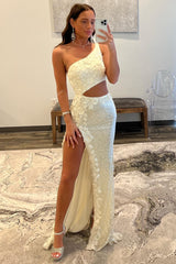 Ivory Mermaid One Shoulder Cut-Out Sequins Long Prom Gown with Slit