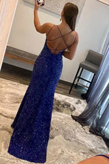 Dark Blue Sequin Scoop Neck Backless Long Formal Dress with Slit