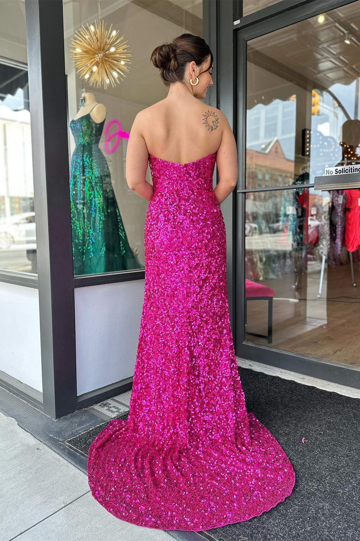 Fuchsia Strapless Sequins Long Prom Dress with Slit