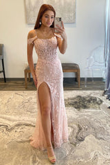 Blushing Pink Mermaid Off-the-Shoulder Applique Long Prom Dress with Slit