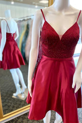 Red Beaded Lace-Up Back A-Line Short Homecoming Dress