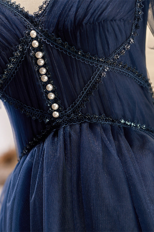 Marineblaues, schulterfreies, herzförmiges Partykleid aus Tüll in A-Linie