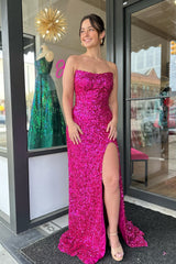 Fuchsia Strapless Sequins Long Prom Dress with Slit